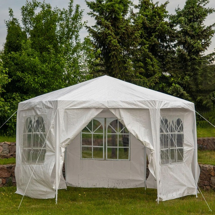 Pavilon gradina cu structura metalica, 6 pereti laterali detasabili, alb, 378x330x260 cm