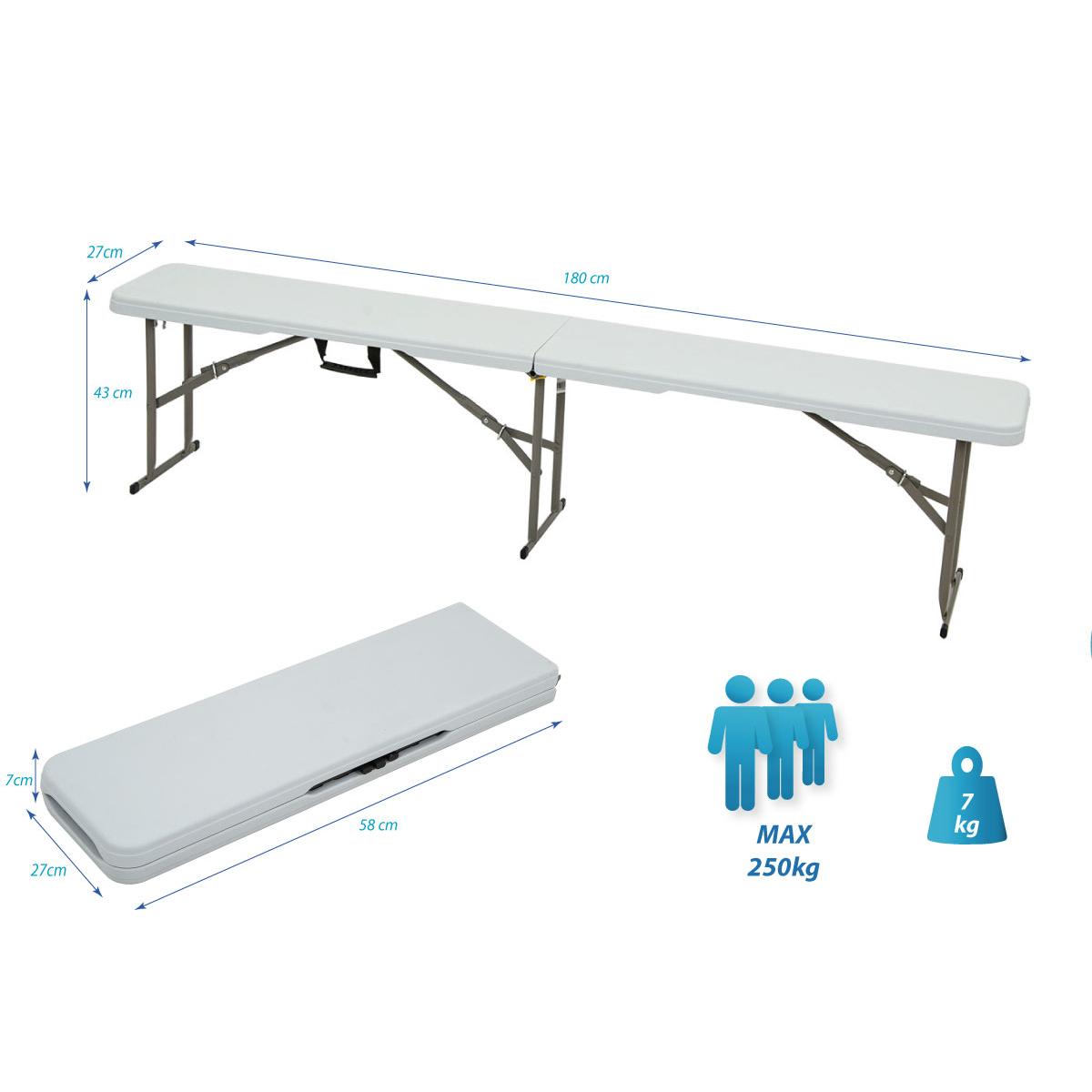 Banca pliabila pentru evenimente si catering, 183x28x43 cm, din HDPE si otel, alb