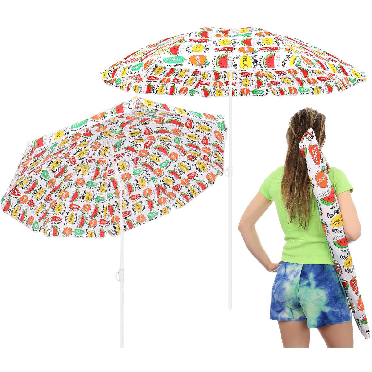 Umbrela plaja 180 cm cu imprimeu fructe, structura otel, reglabila pe inaltime si inclinare, multicolor