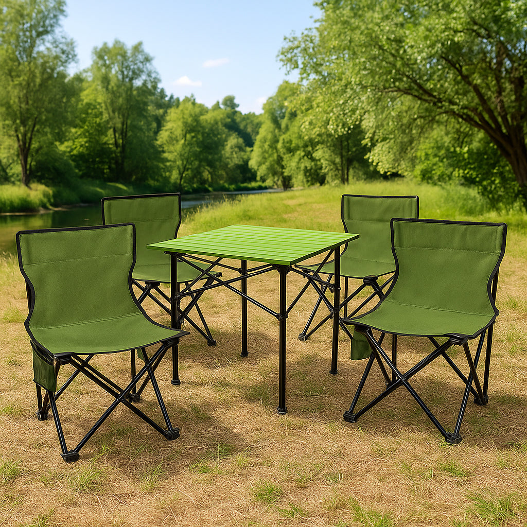 Set camping 5 in 1 cu masa si 4 scaune pliabile, structura otel si blat aluminiu, 53x52x50 cm, verde