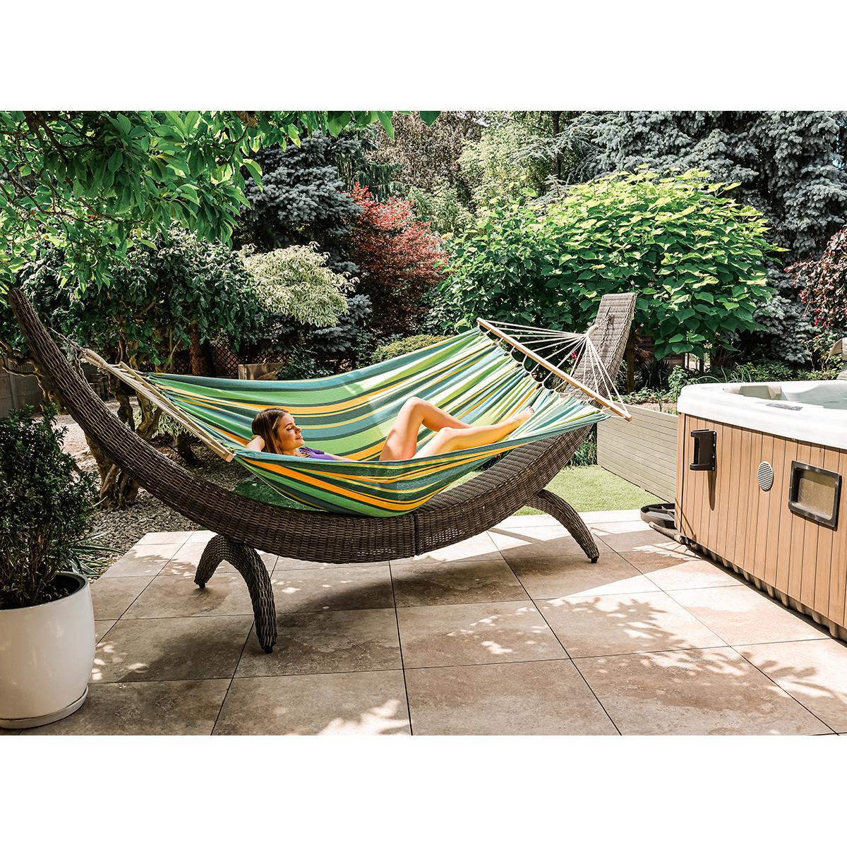 Hamac dublu cu bare din lemn, pentru 2 persoane, bumbac, 150kg, 200x150 cm, verde si galben