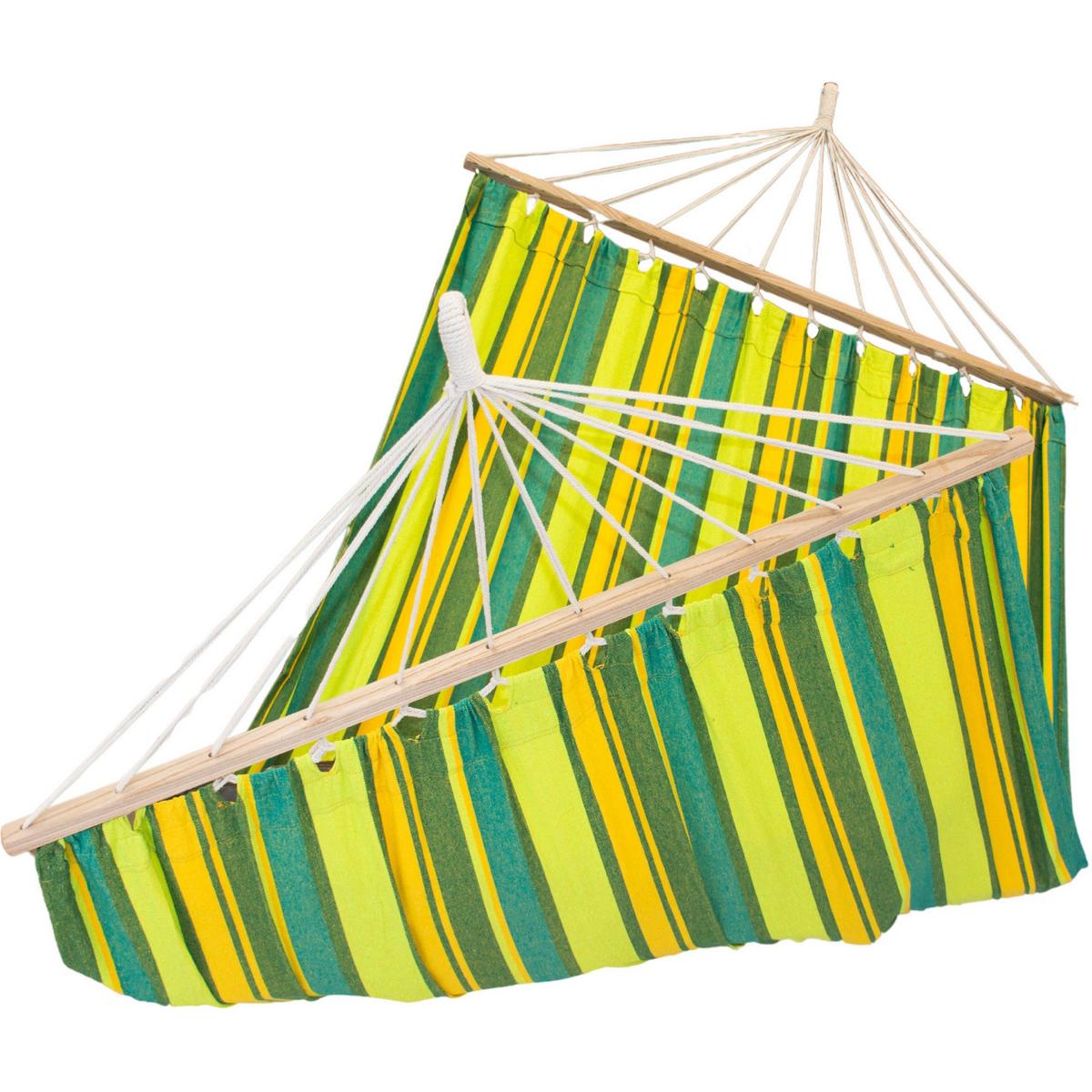 Hamac dublu cu bare din lemn, pentru 2 persoane, bumbac, 150kg, 200x150 cm, verde si galben