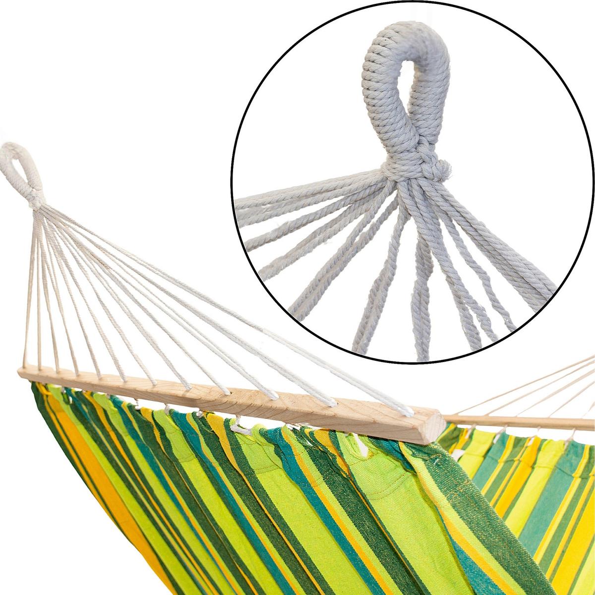 Hamac dublu cu bare din lemn, pentru 2 persoane, bumbac, 150kg, 200x150 cm, verde si galben