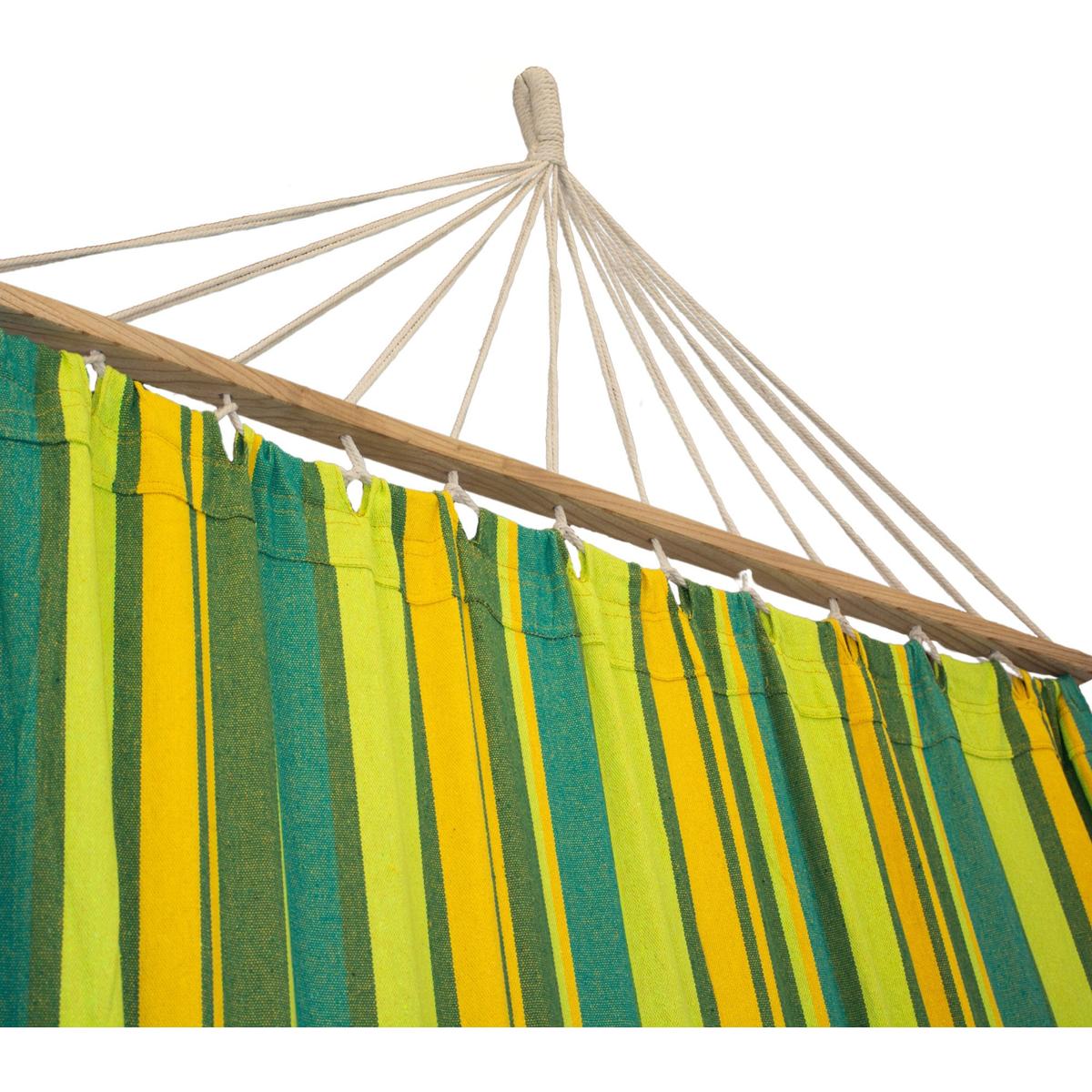 Hamac dublu cu bare din lemn, pentru 2 persoane, bumbac, 150kg, 200x150 cm, verde si galben