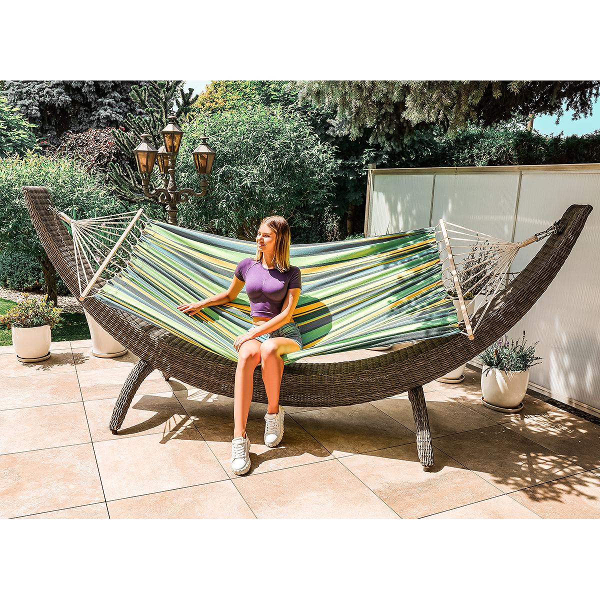 Hamac dublu cu bare din lemn, pentru 2 persoane, bumbac, 150kg, 200x150 cm, verde si galben