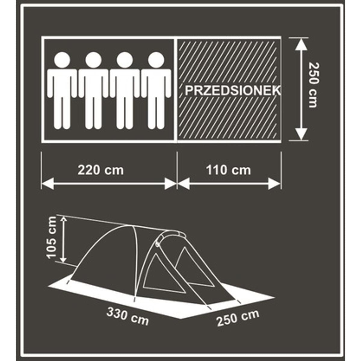 Cort camping 4 persoane cu antreu, protectie UV, impermeabil 3000 mm, 330x250x105 cm, gri
