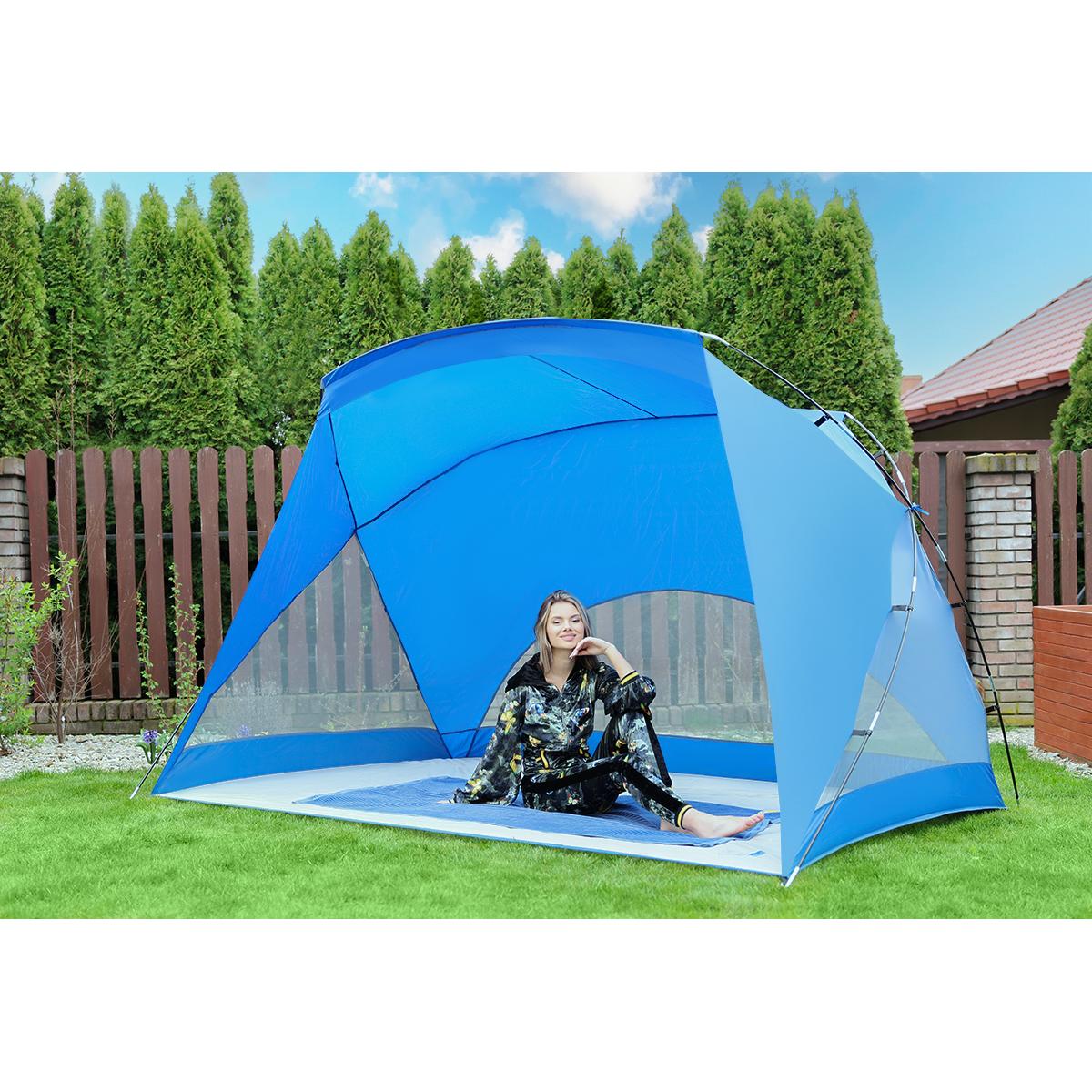 Cort plaja pentru 4 persoane, cu podea, protectie UV, 273x195x177 cm, albastru