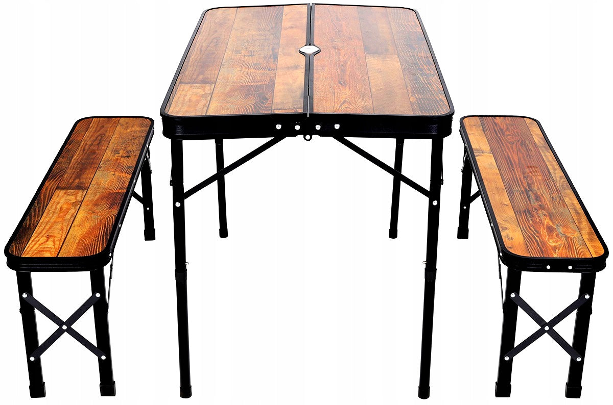 Set mobilier de camping pliabil, masa cu 2 banci, structura otel cu blat MDF, 90x60cm, maro