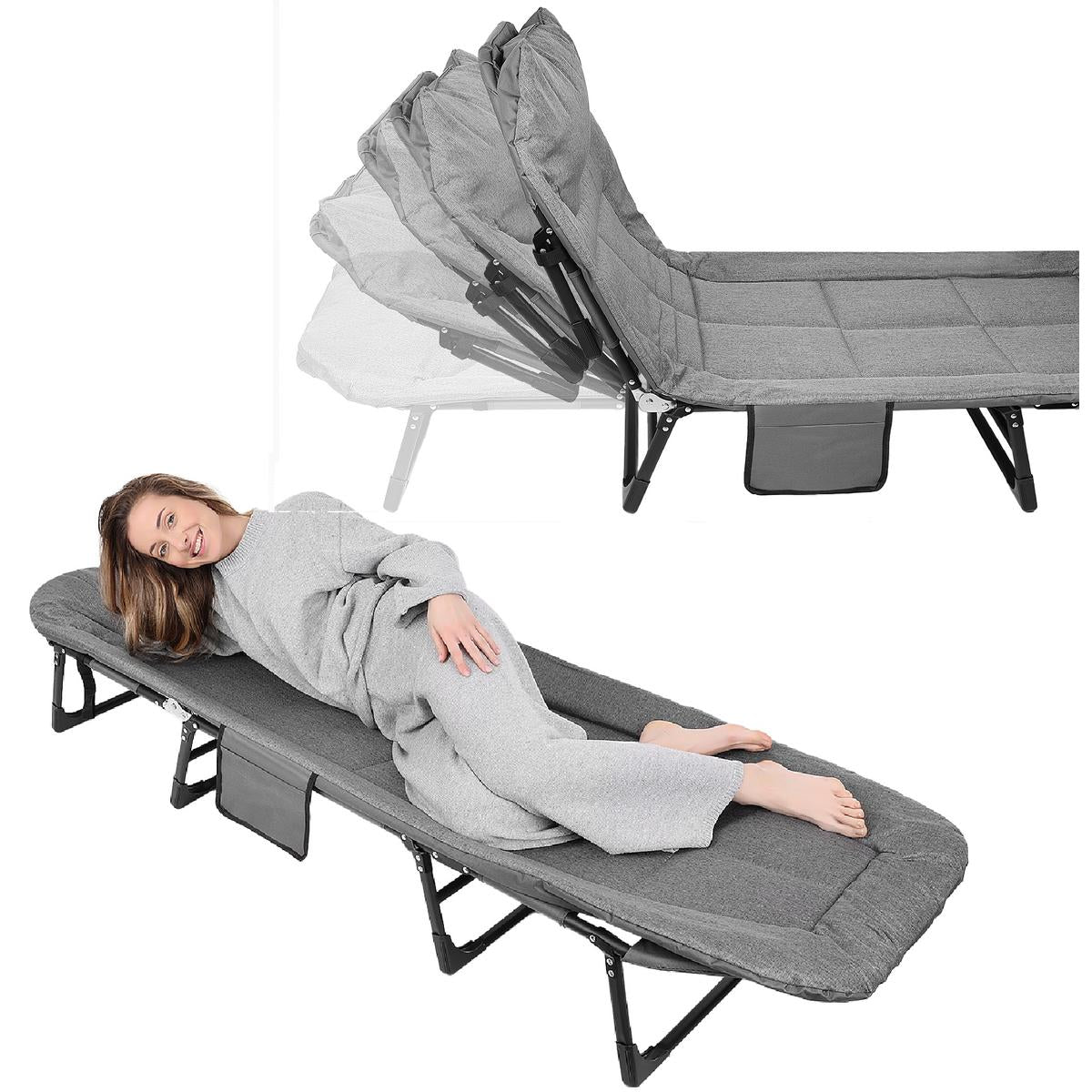 Pat pliabil camping Deluxe Trip cu spatar reglabil tip sezlong, 200x65x29 cm, gri