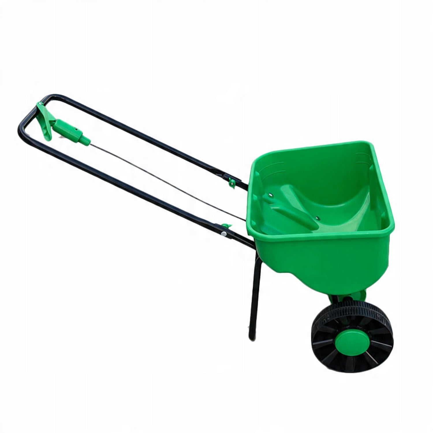 Distribuitor manual pentru seminte, ingrasamant sau sare, rezervor 27 L, roti mari, cadru metalic, 100x48x69 cm