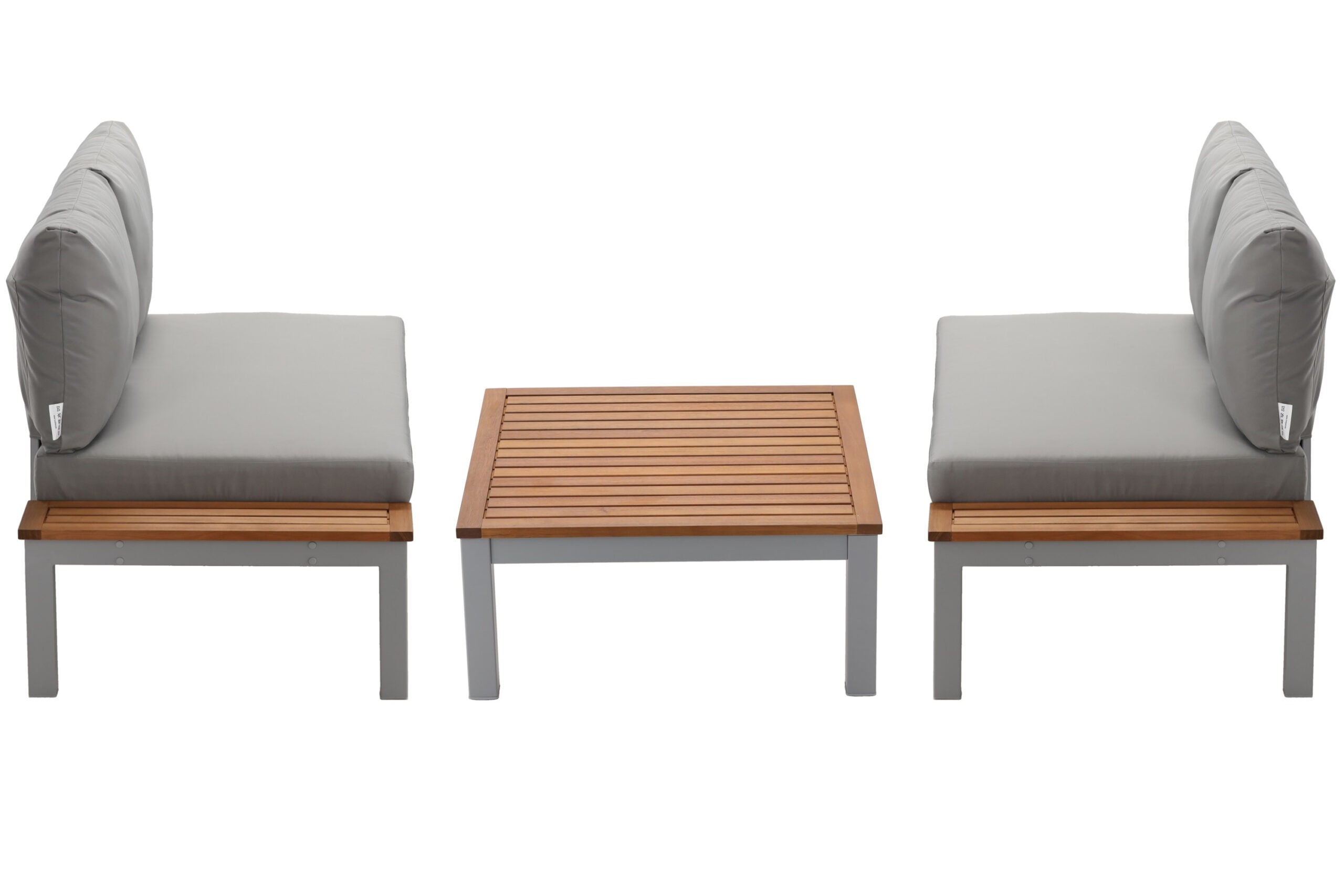 Set mobilier gradina Bohito modular cu perne, 2 canapele si masa, cadru aluminiu si lemn eucalipt, 138x76 cm, gri