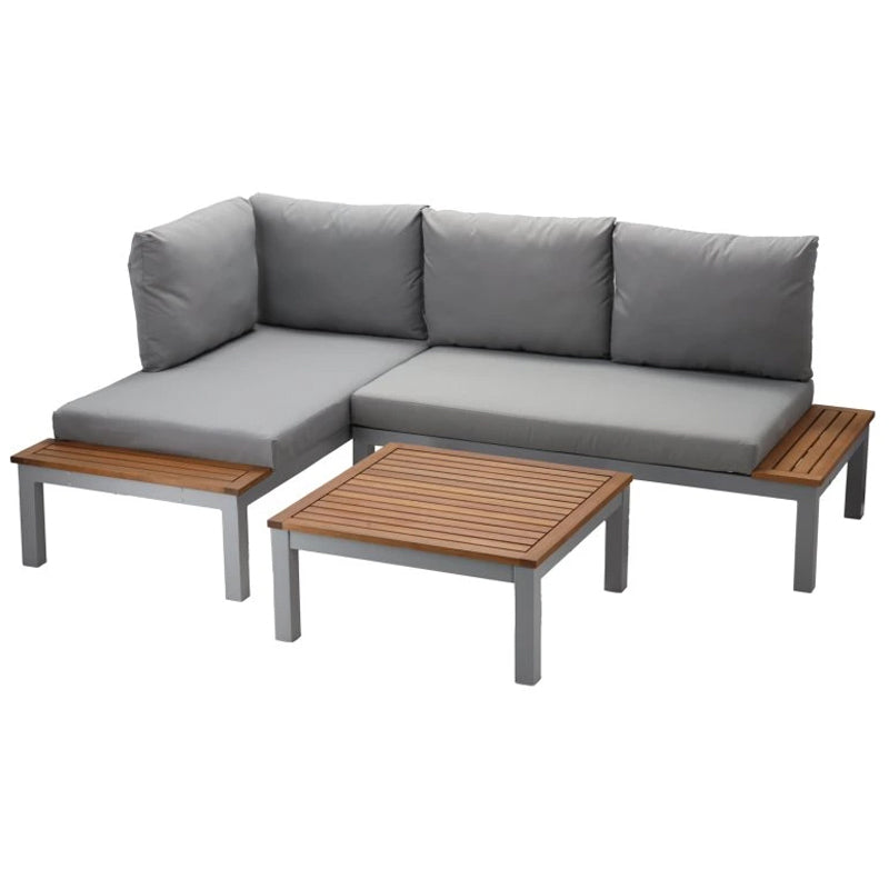 Set mobilier gradina Bohito modular cu perne, 2 canapele si masa, cadru aluminiu si lemn eucalipt, 138x76 cm, gri