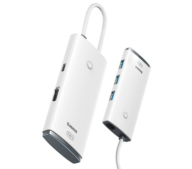 DOCKING Station Baseus Lite, conectare PC USB Type-C, USB 3.0 x 3, USB Type C x 1 PD 20V/5A, HDMI x 1/4K/30Hz, alb 