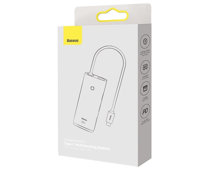 DOCKING Station Baseus Lite, conectare PC USB Type-C, USB 3.0 x 3, USB Type C x 1 PD 20V/5A, HDMI x 1/4K/30Hz, alb "WKQX040002" - 6932172606312