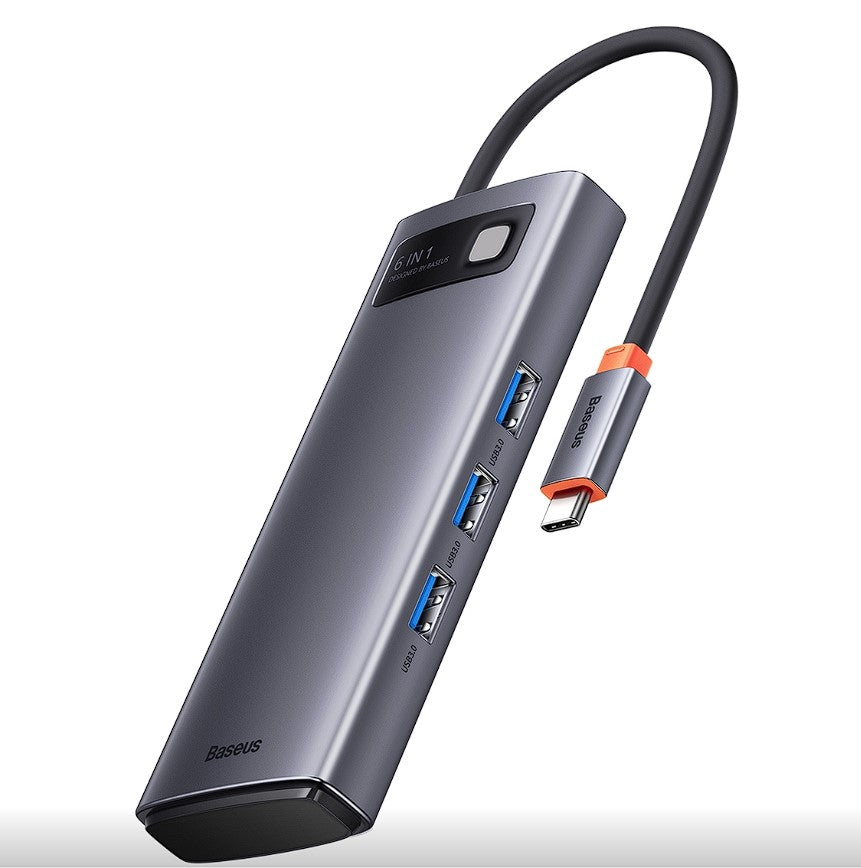 DOCKING Station Baseus Metal Gleam, conectare PC USB Type-C, USB 3.0 x 3, USB Type C x 1 PD 20V/5A, card reader SD/microSD, gri "WKWG030213" - 6932172608231