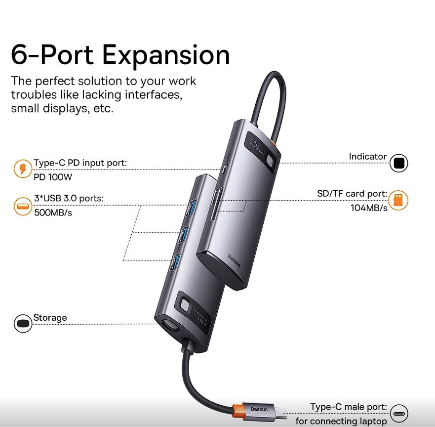 DOCKING Station Baseus Metal Gleam, conectare PC USB Type-C, USB 3.0 x 3, USB Type C x 1 PD 20V/5A, card reader SD/microSD, gri "WKWG030213" - 6932172608231