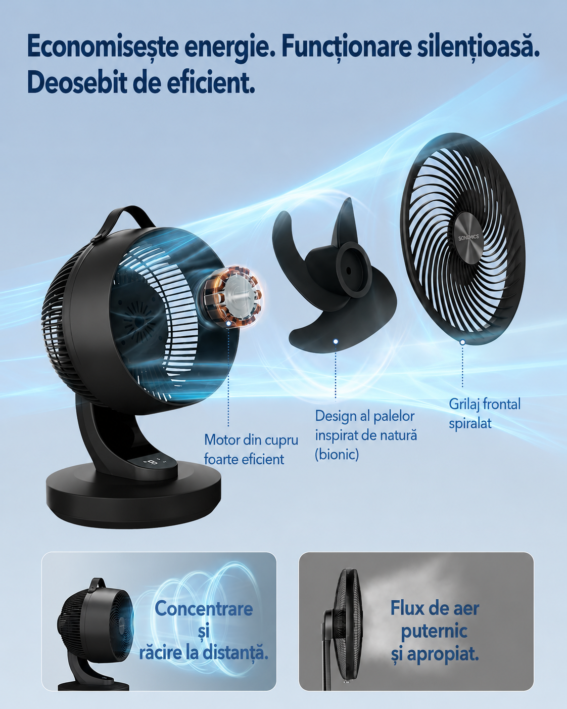 SONGMICS Ventilator de masa silentios cu telecomanda, oscilatie 70°, 8 viteze si afisaj LED, 25x26x38 cm, negru