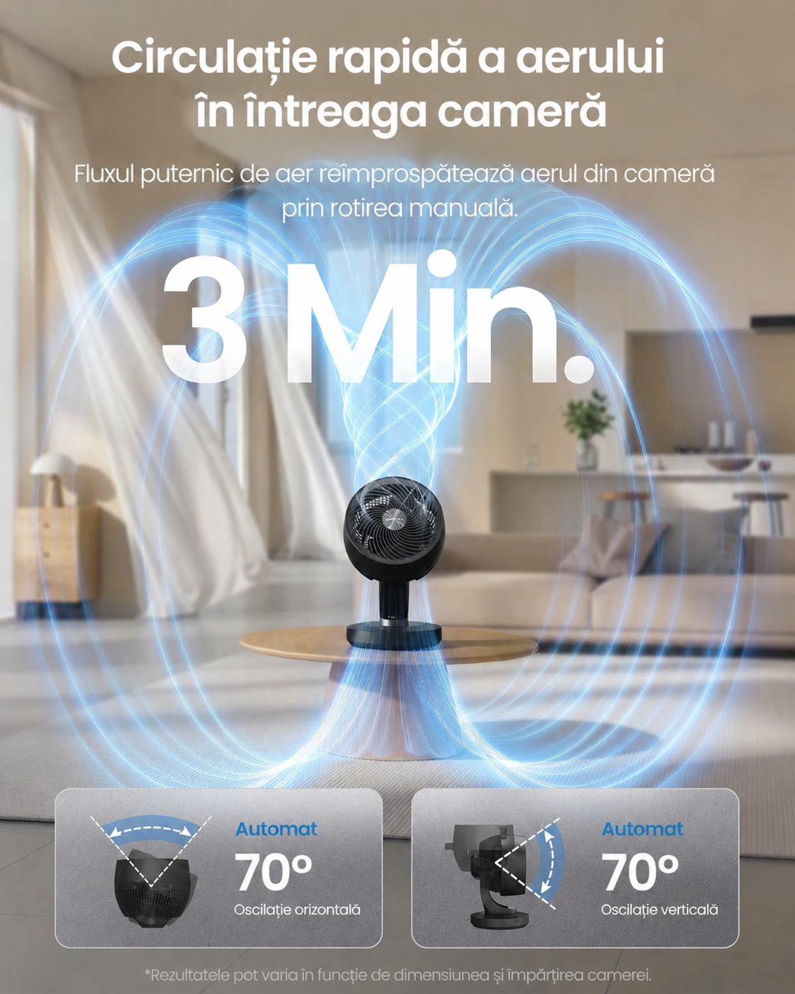 SONGMICS Ventilator de masa silentios cu telecomanda, oscilatie 70°, 8 viteze si afisaj LED, 25x26x38 cm, negru