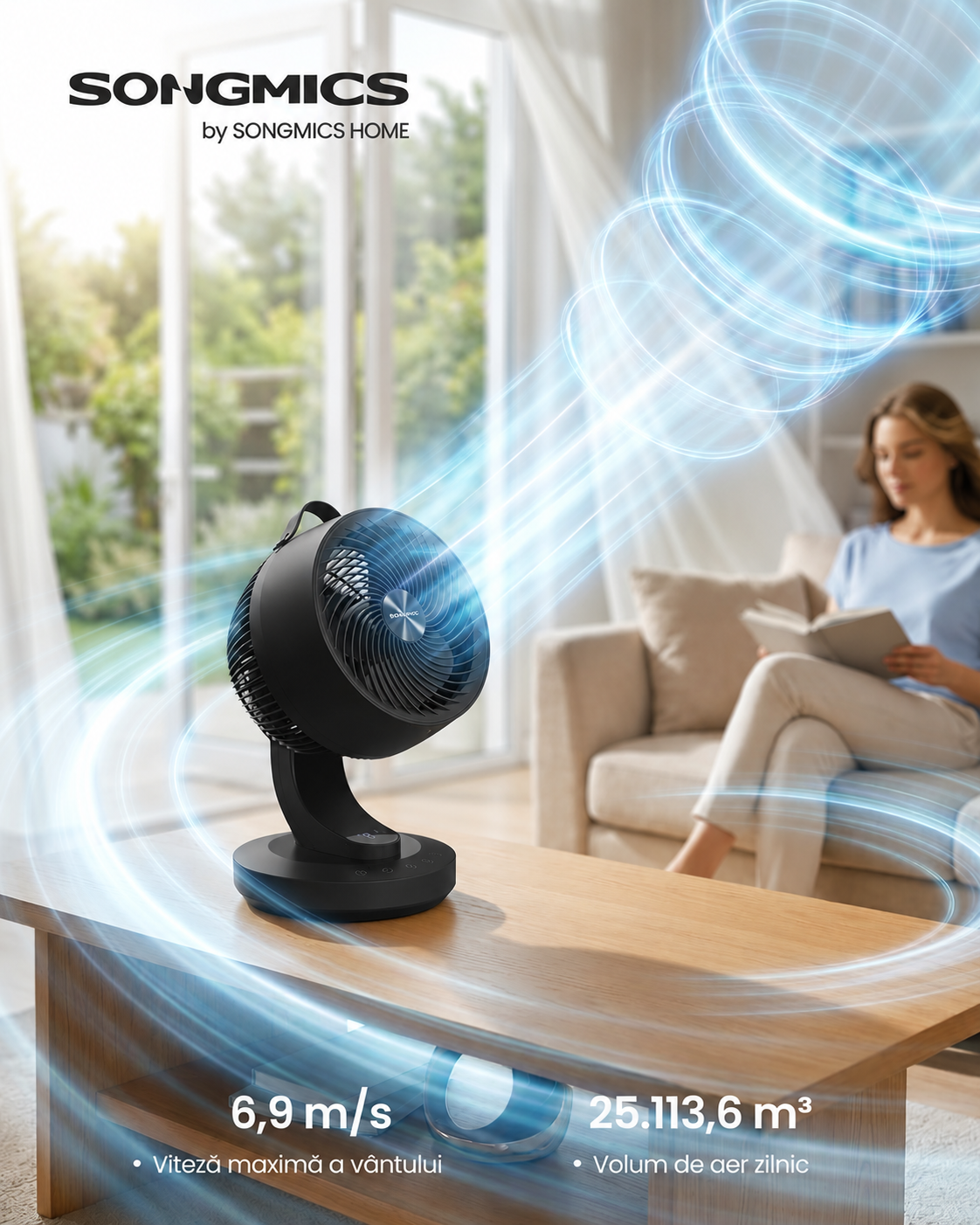 SONGMICS Ventilator de masa silentios cu telecomanda, oscilatie 70°, 8 viteze si afisaj LED, 25x26x38 cm, negru