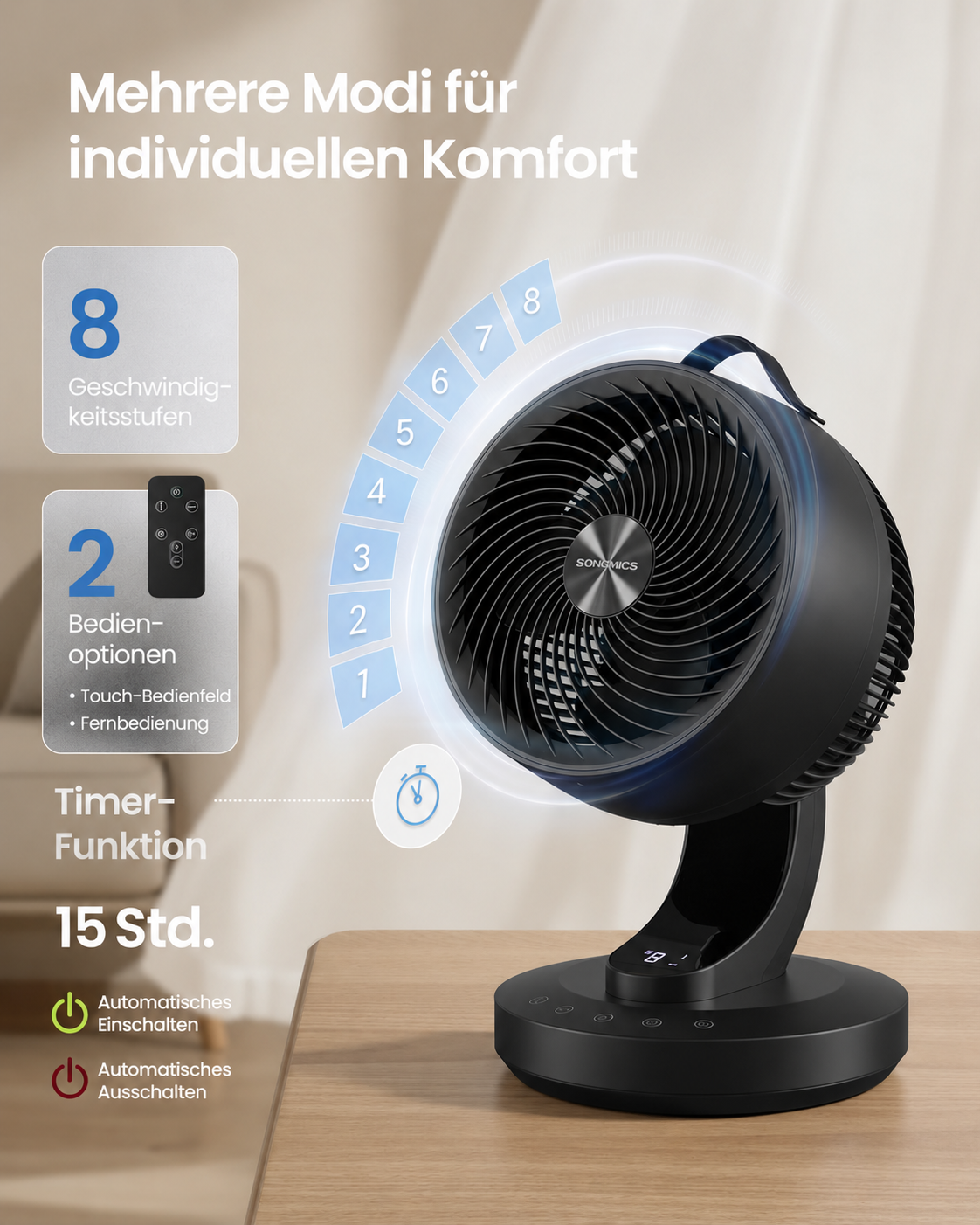 SONGMICS Ventilator de masa silentios cu telecomanda, oscilatie 70°, 8 viteze si afisaj LED, 25x26x38 cm, negru