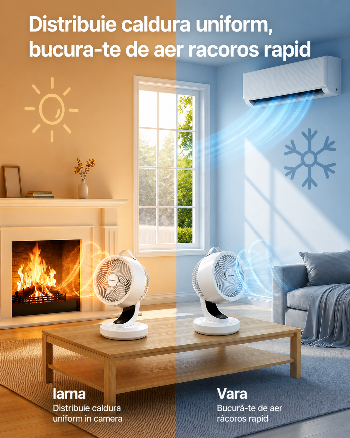 SONGMICS Ventilator de masa silentios cu telecomanda, oscilatie 70°, 8 viteze si afisaj LED, 25x26x38 cm, alb