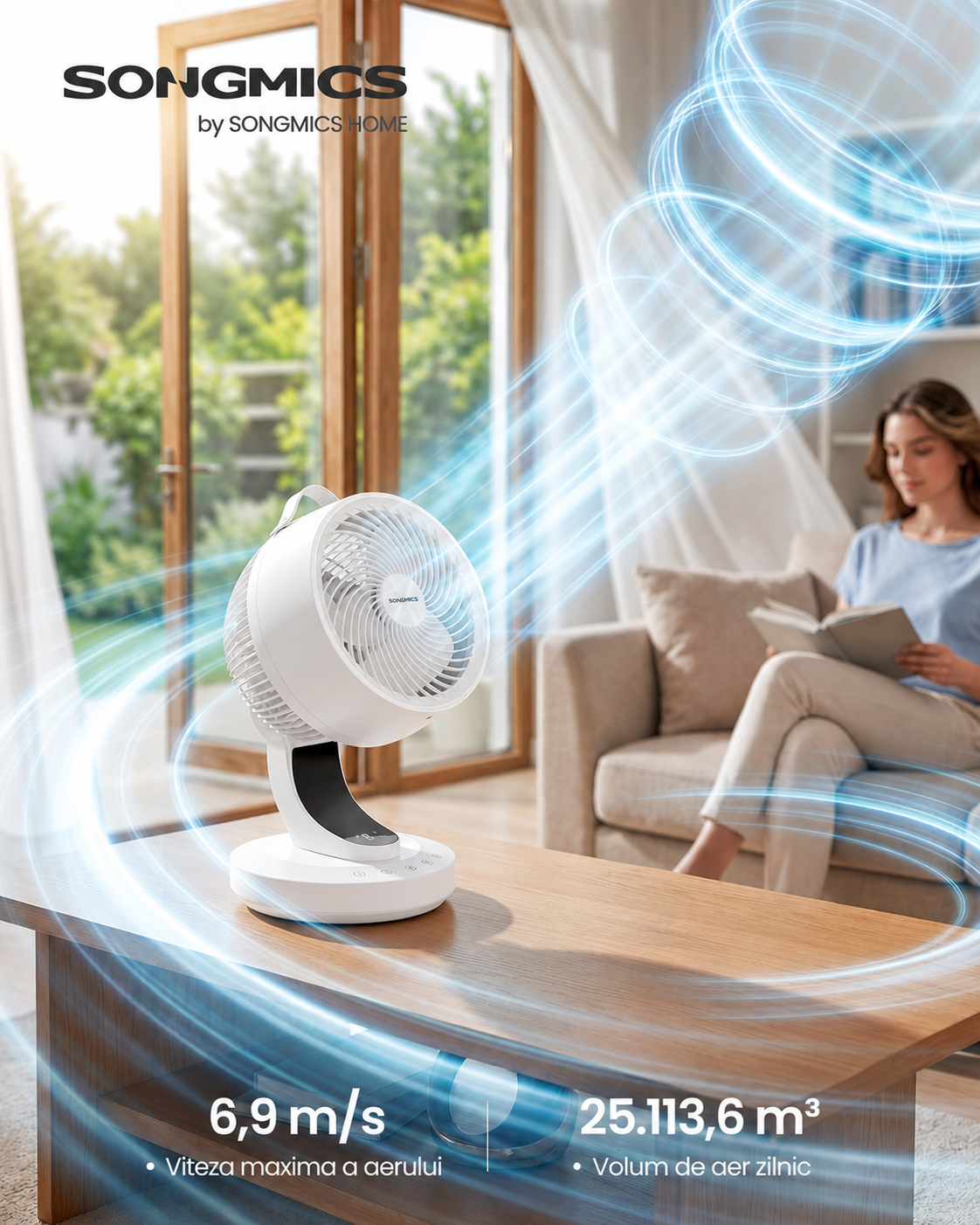 SONGMICS Ventilator de masa silentios cu telecomanda, oscilatie 70°, 8 viteze si afisaj LED, 25x26x38 cm, alb