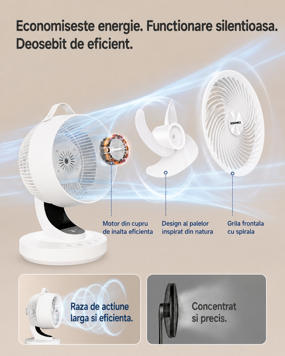 SONGMICS Ventilator de masa silentios cu telecomanda, oscilatie 70°, 8 viteze si afisaj LED, 25x26x38 cm, alb