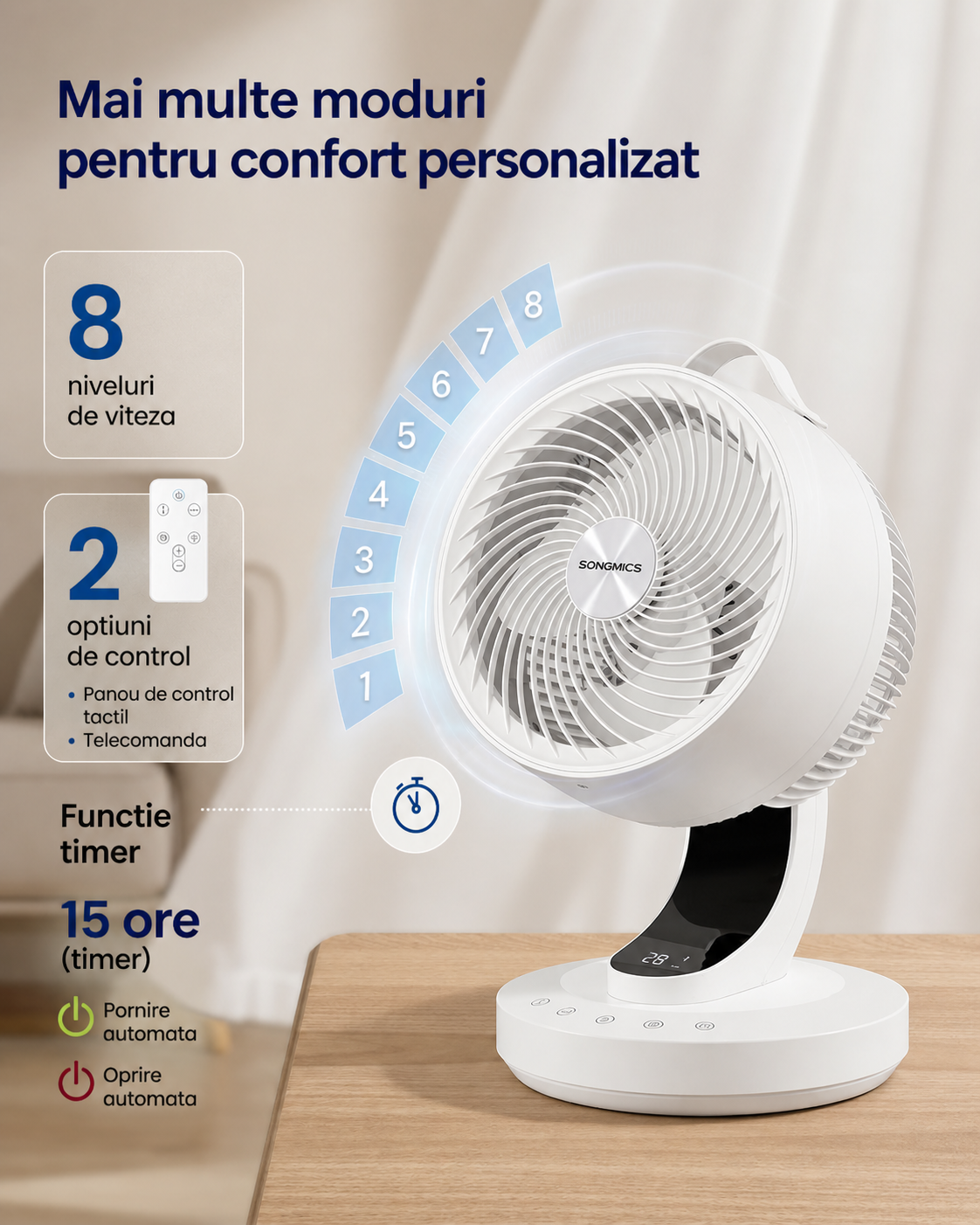 SONGMICS Ventilator de masa silentios cu telecomanda, oscilatie 70°, 8 viteze si afisaj LED, 25x26x38 cm, alb