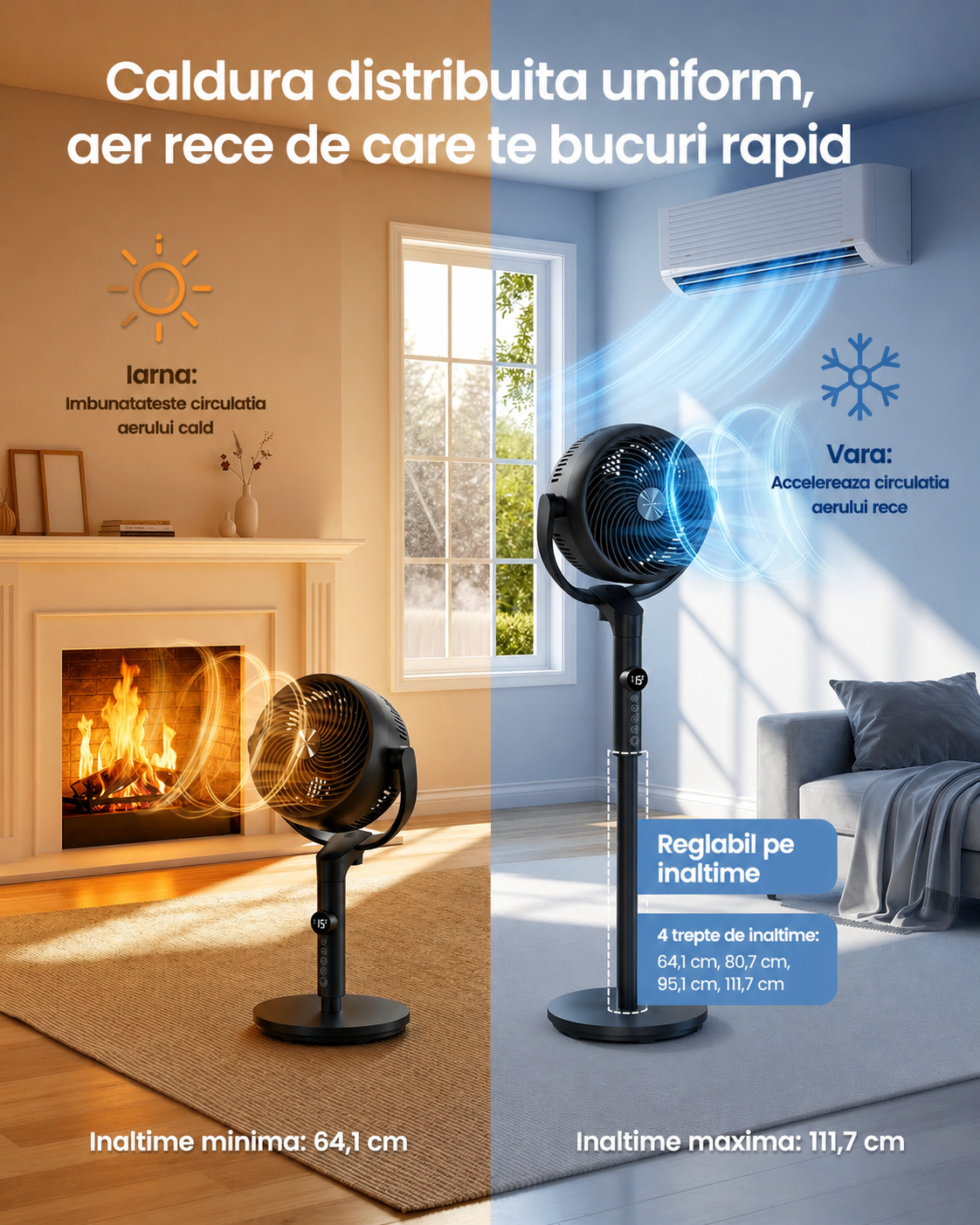 SONGMICS Ventilator cu picior reglabil pe inaltime, silentios 20 dB, 24 W, 15 viteze, telecomanda, oscilatie 120°, negru