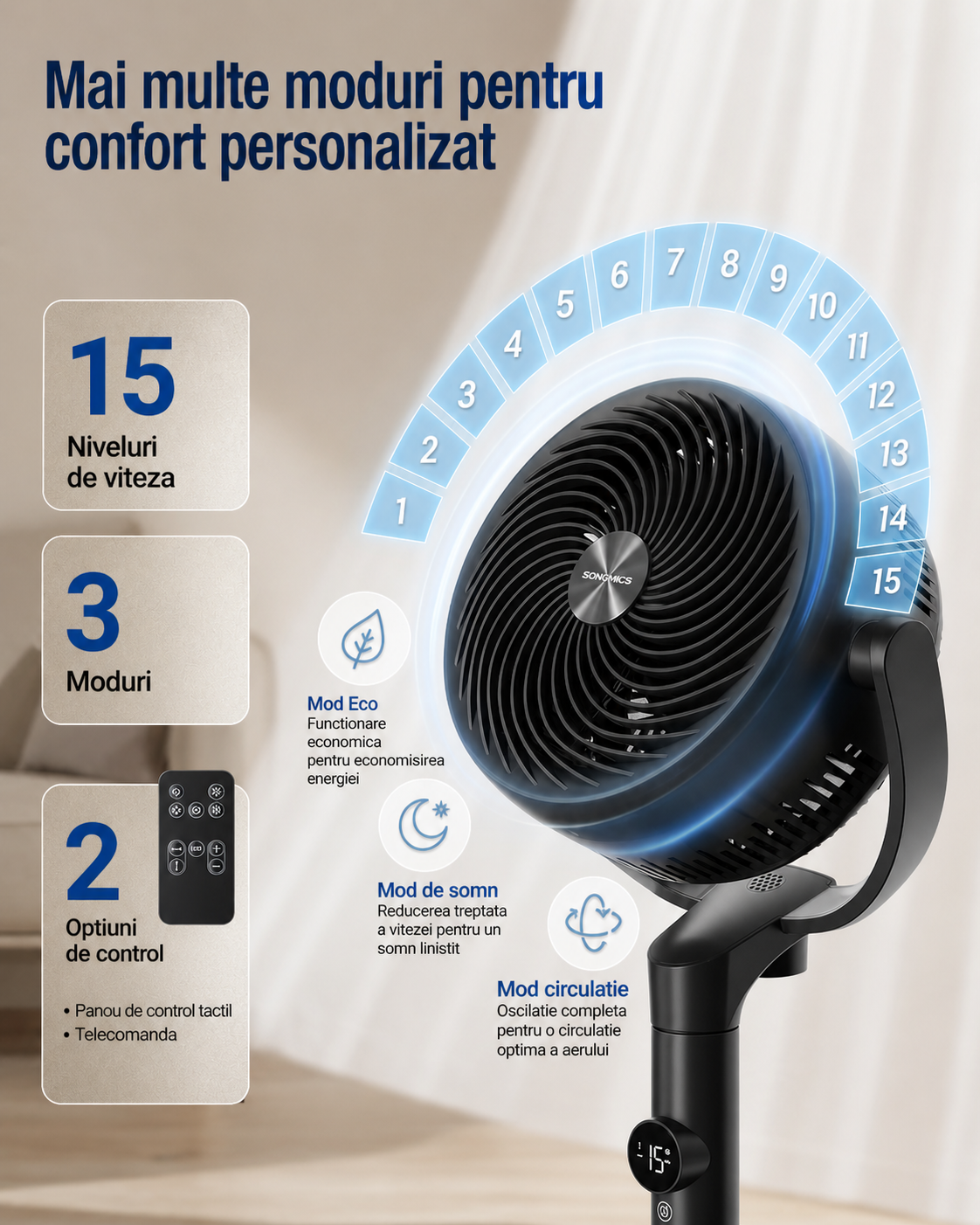 SONGMICS Ventilator cu picior reglabil pe inaltime, silentios 20 dB, 24 W, 15 viteze, telecomanda, oscilatie 120°, negru