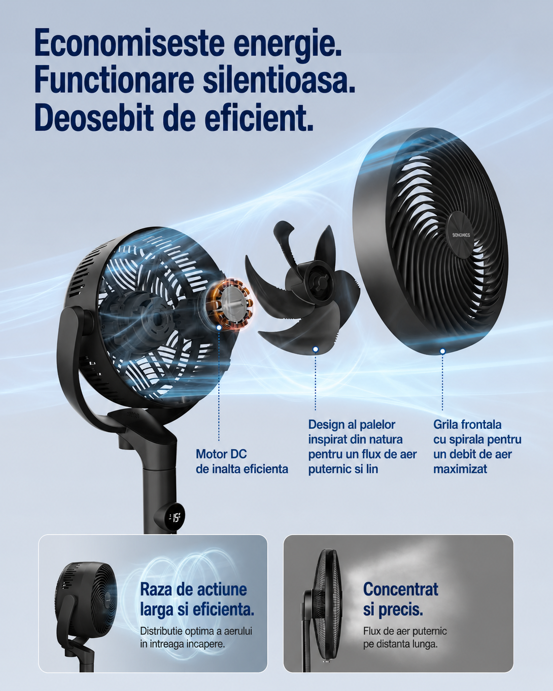 SONGMICS Ventilator cu picior reglabil pe inaltime, silentios 20 dB, 24 W, 15 viteze, telecomanda, oscilatie 120°, negru