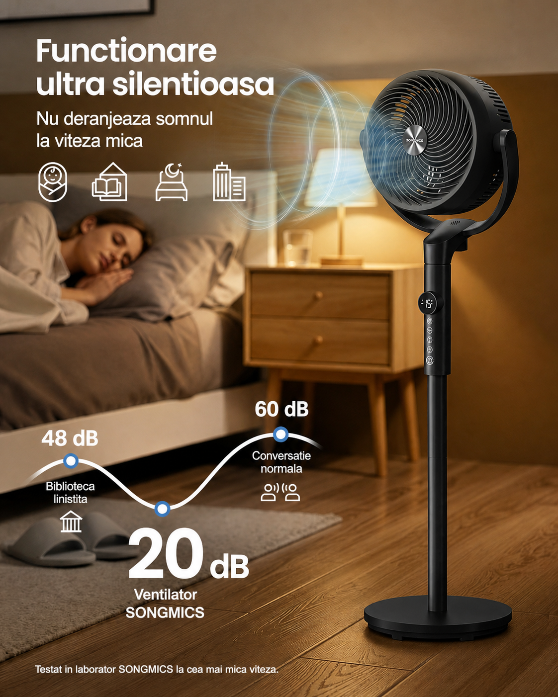 SONGMICS Ventilator cu picior reglabil pe inaltime, silentios 20 dB, 24 W, 15 viteze, telecomanda, oscilatie 120°, negru