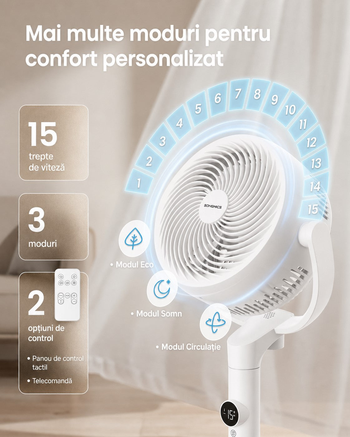 SONGMICS Ventilator cu picior reglabil pe inaltime, silentios 20 dB, 24 W, 15 viteze, telecomanda, oscilatie 120°, alb