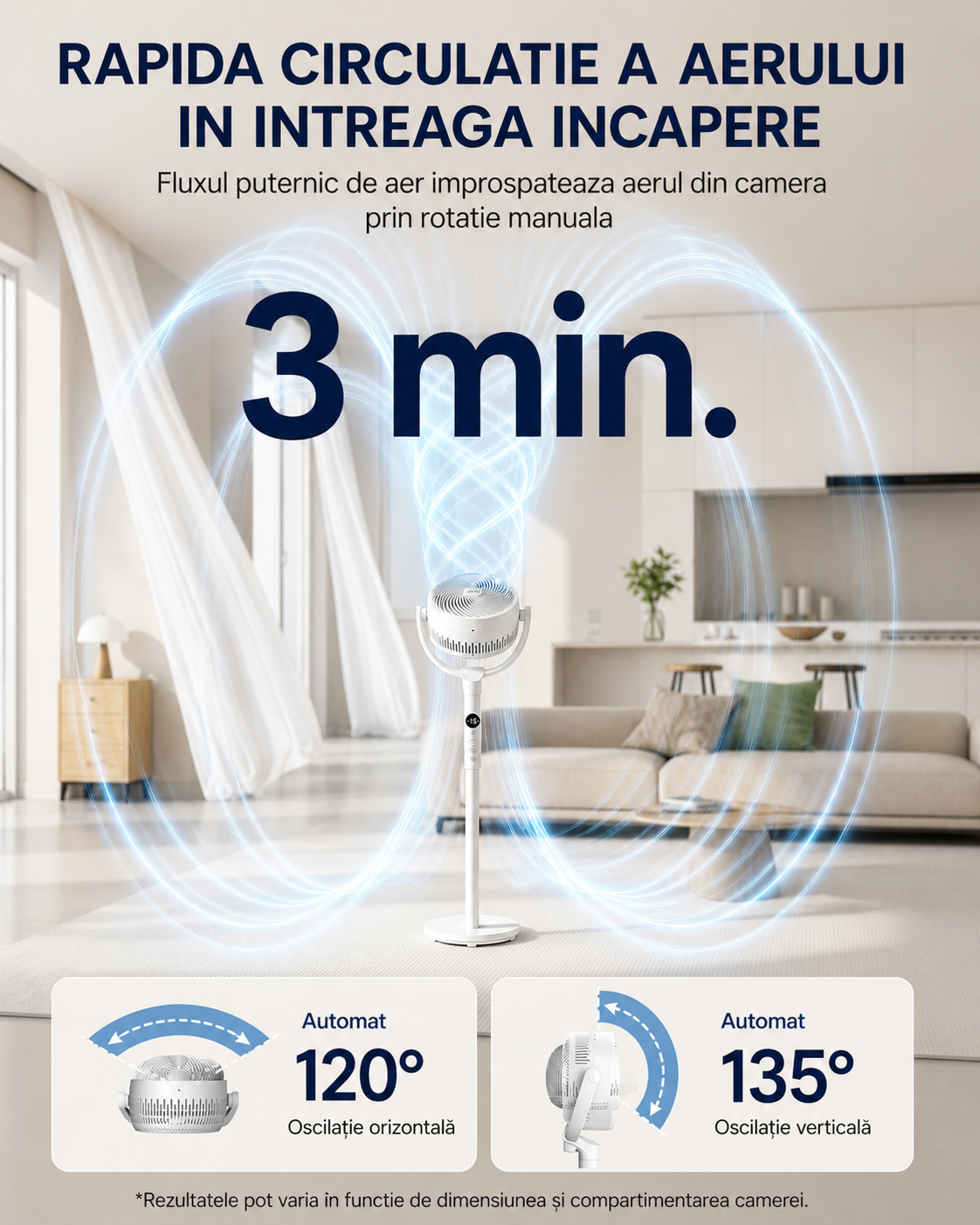 SONGMICS Ventilator cu picior reglabil pe inaltime, silentios 20 dB, 24 W, 15 viteze, telecomanda, oscilatie 120°, alb
