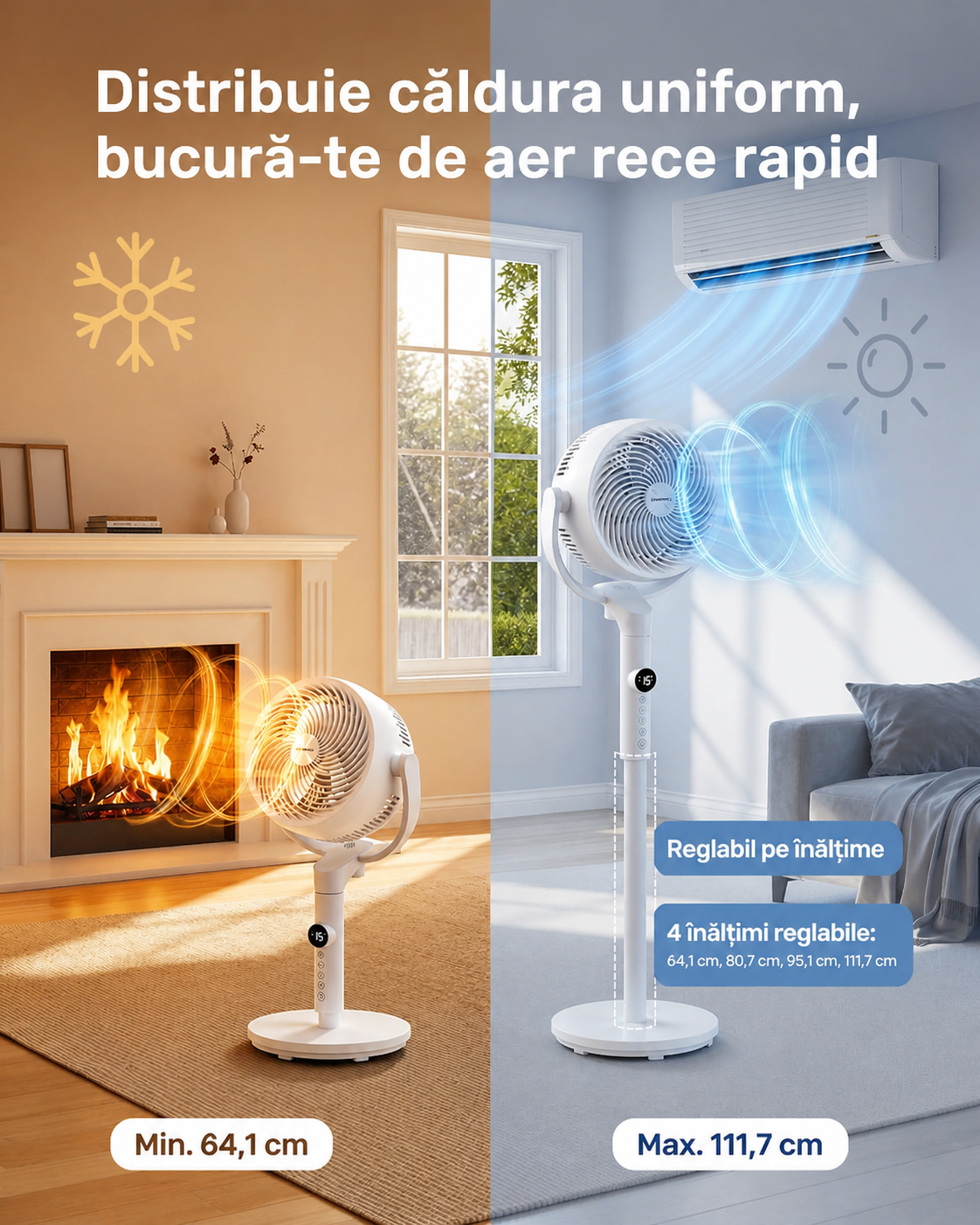 SONGMICS Ventilator cu picior reglabil pe inaltime, silentios 20 dB, 24 W, 15 viteze, telecomanda, oscilatie 120°, alb