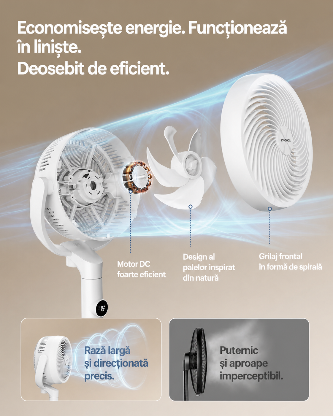 SONGMICS Ventilator cu picior reglabil pe inaltime, silentios 20 dB, 24 W, 15 viteze, telecomanda, oscilatie 120°, alb