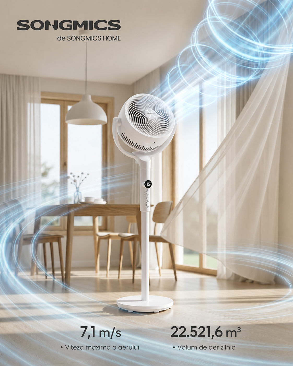 SONGMICS Ventilator cu picior reglabil pe inaltime, silentios 20 dB, 24 W, 15 viteze, telecomanda, oscilatie 120°, alb