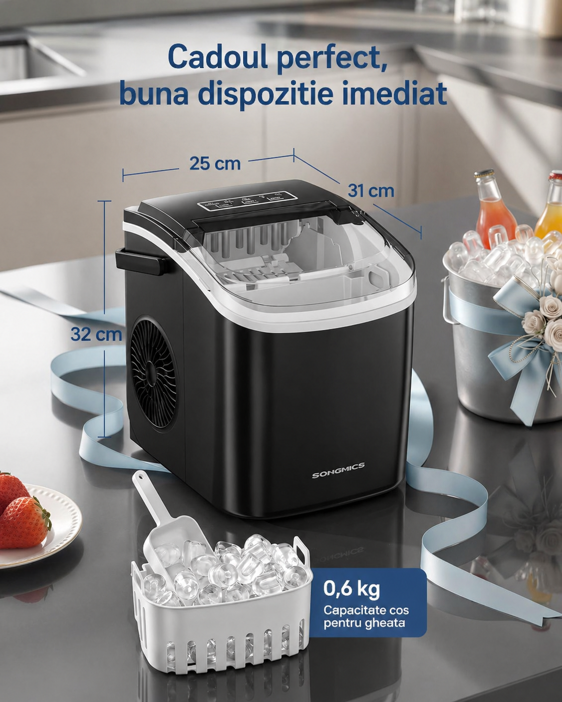 SONGMICS Masina cuburi gheata, 12 kg/24h, 2 dimensiuni, autocuratare, 31x25x32 cm, negru