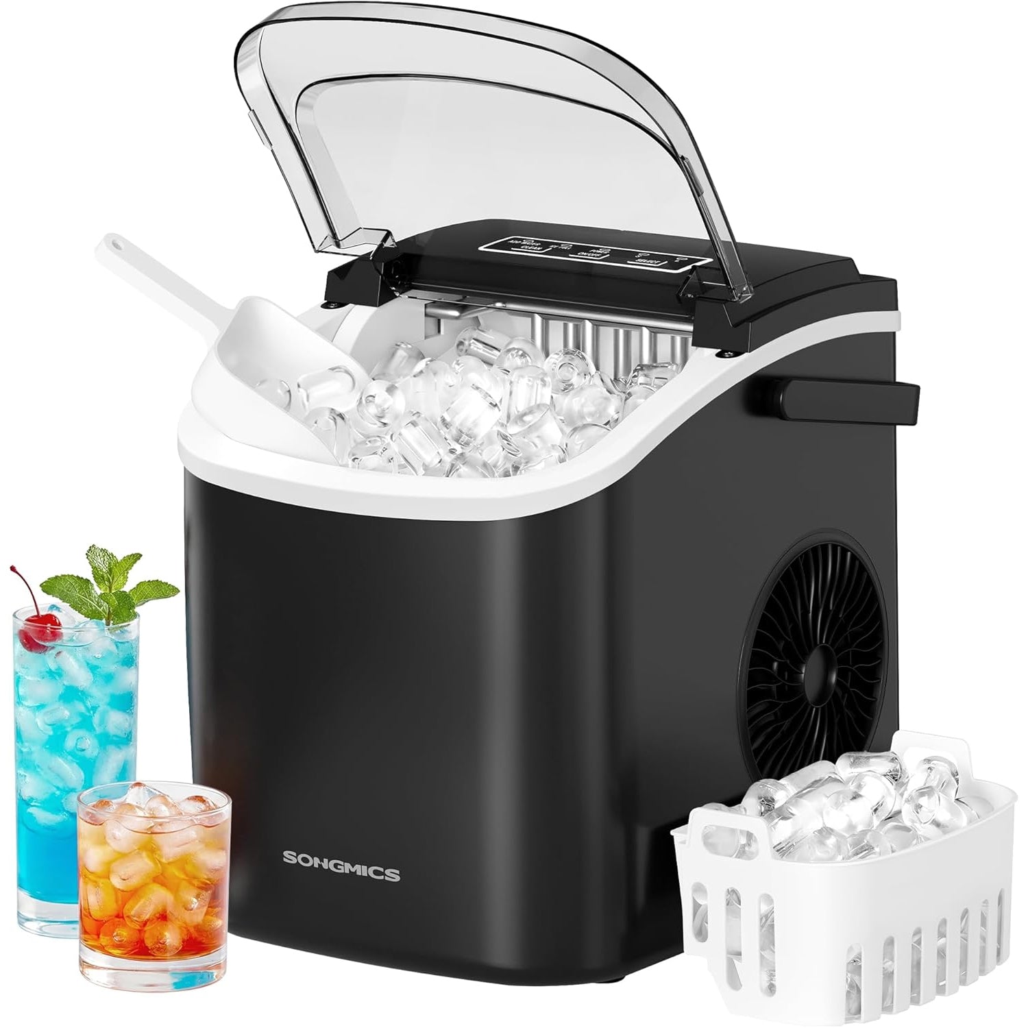 SONGMICS Masina cuburi gheata, 12 kg/24h, 2 dimensiuni, autocuratare, 31x25x32 cm, negru
