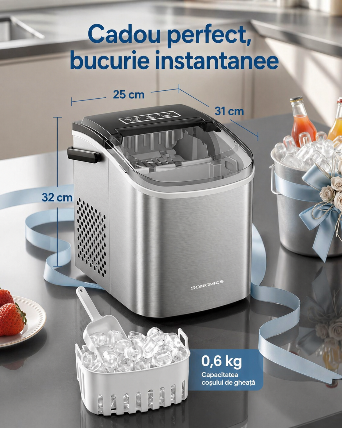 SONGMICS Masina cuburi gheata, 12 kg/24h, 2 dimensiuni, autocuratare, 31x25x32 cm, gri