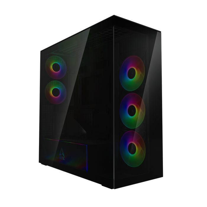 CARCASA Arctic "Xtender VG BK", mid tower, max 8xfan, 3x P14 Pro R A-RGB si 2x P12 Pro A-RGB instalate, shroud 24 LED ARGB, USB-C x 1, USB 3.2 x 2, audio+mic, 7 sloturi exp, GPU vertical, riser PCIe 4.0, negru, "ACPCC00016A"