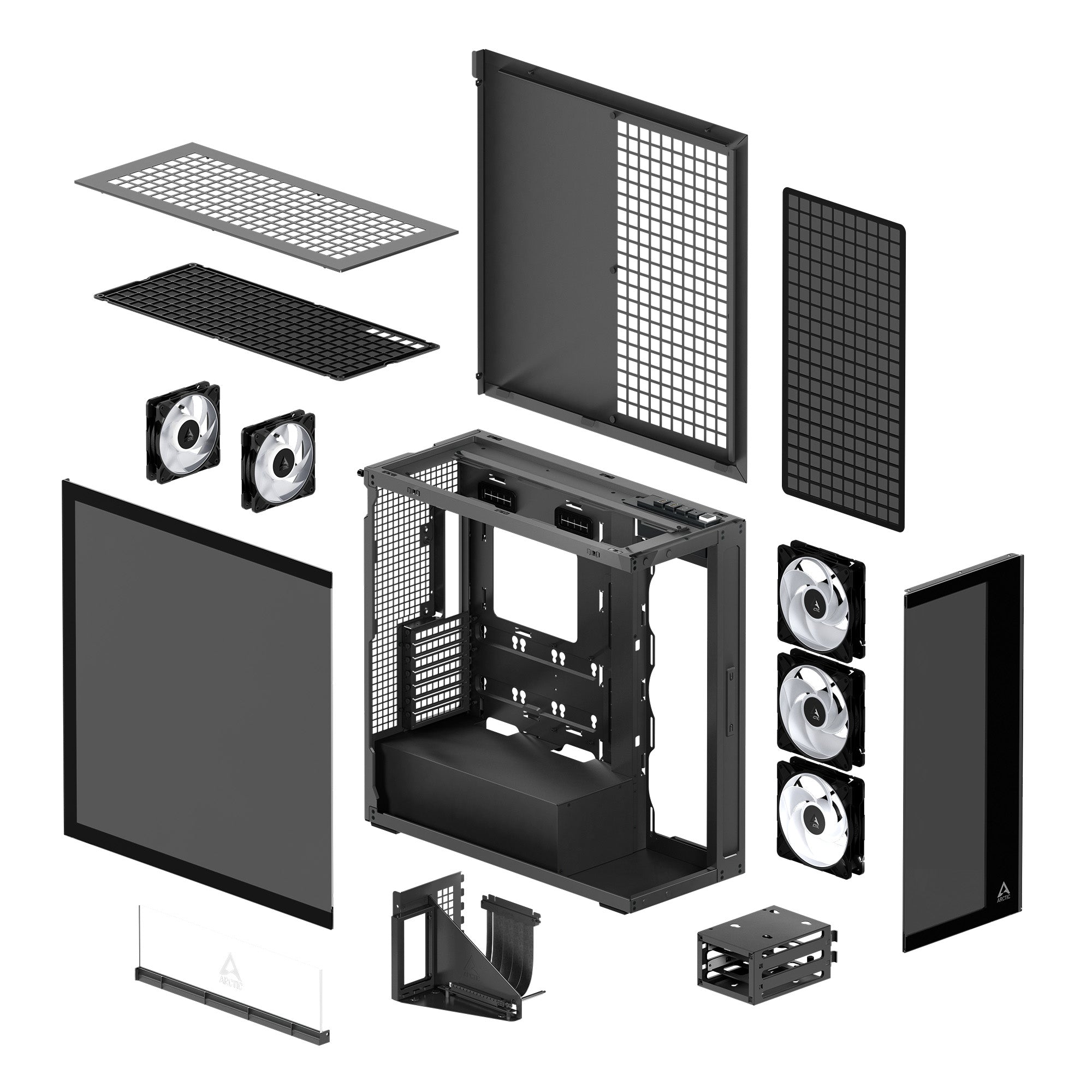 CARCASA Arctic "Xtender VG BK", mid tower, max 8xfan, 3x P14 Pro R A-RGB si 2x P12 Pro A-RGB instalate, shroud 24 LED ARGB, USB-C x 1, USB 3.2 x 2, audio+mic, 7 sloturi exp, GPU vertical, riser PCIe 4.0, negru, "ACPCC00016A"
