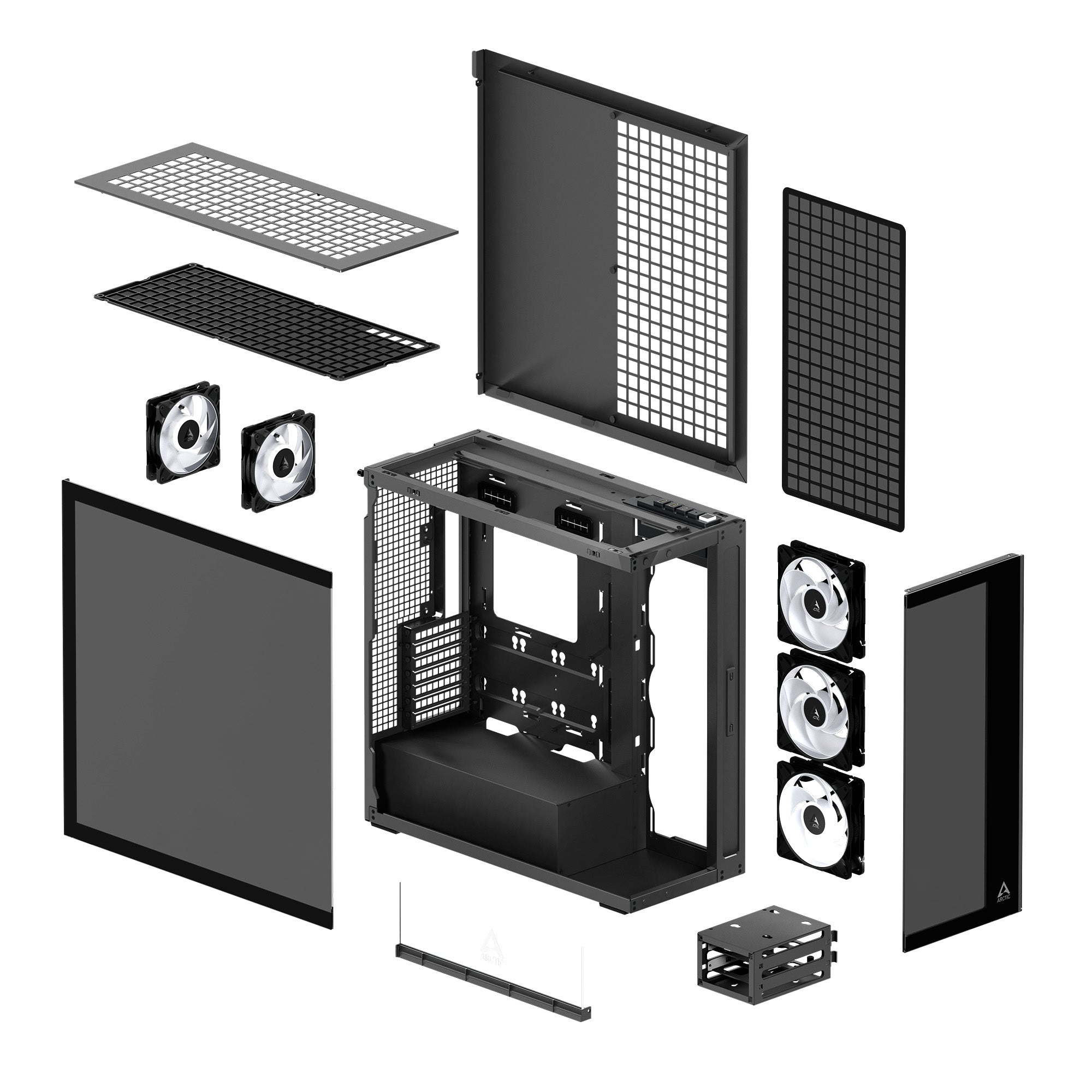 CARCASA Arctic "Xtender", mid tower, max 8xfan, 3xP14 ProR ARGB si 2xP12Pro ARGB instalate, PSU shroud 24 LED ARGB, USB-C x 1, USB 3.2 x 2, audio+mic, 7 sloturi expans, negru, "ACPCC00015A"