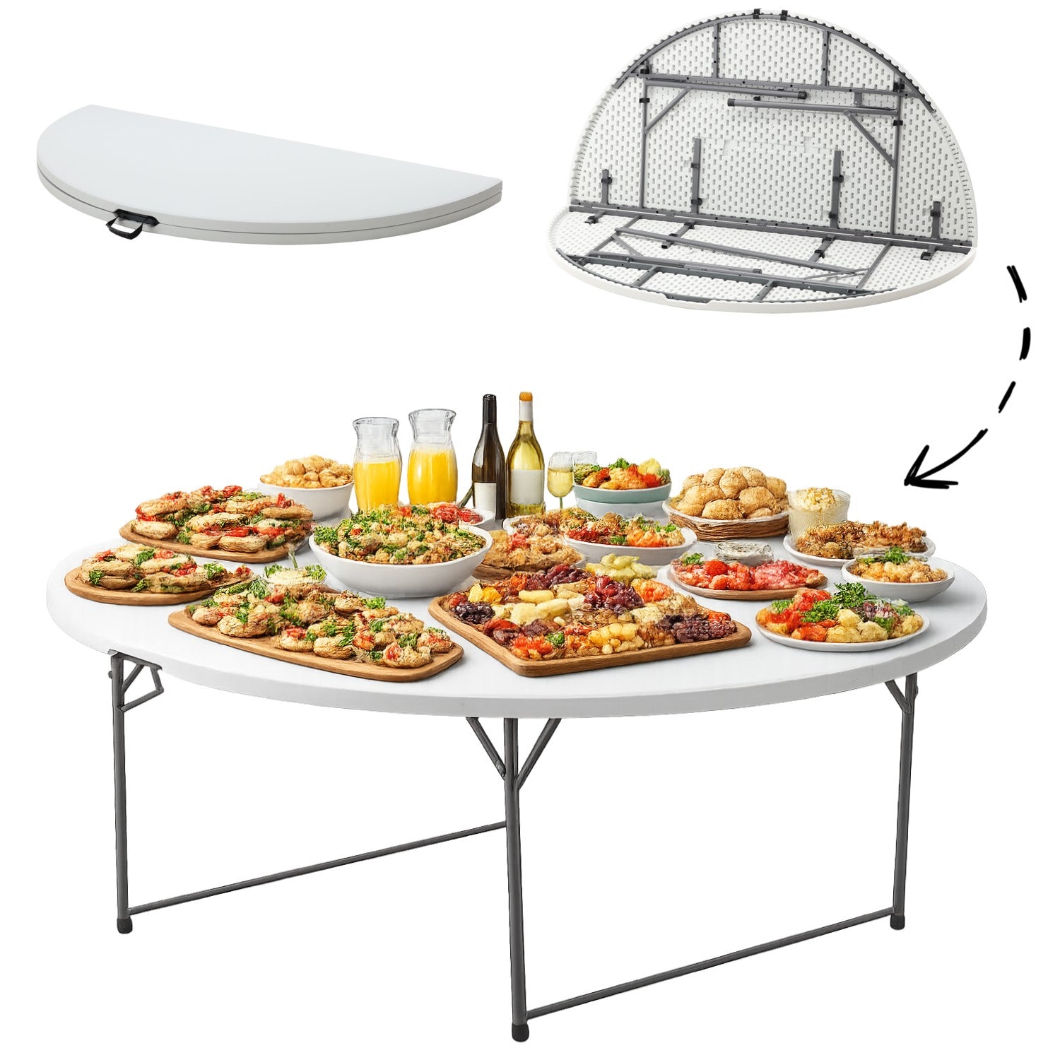 Masa catering rotunda pentru evenimente, pliabila, diametru 180 cm, HDPE, cadru metalic, alb