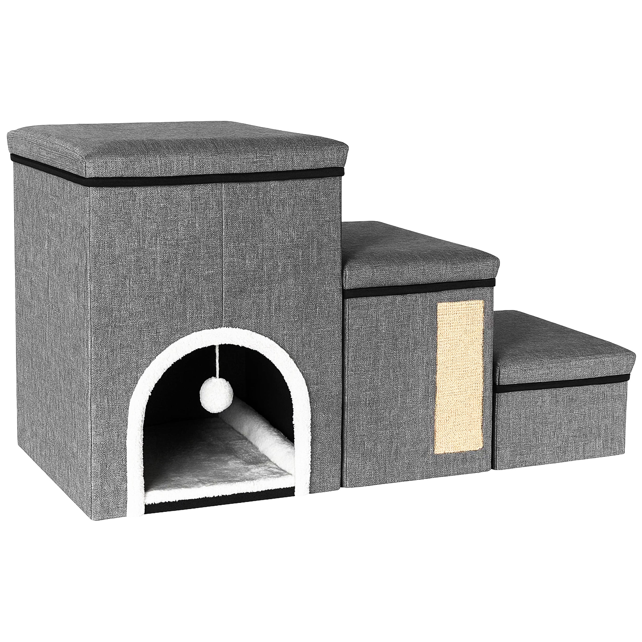 Ansamblu de zgariat pentru pisici 3in1 cu trepte, casuta si panou sisal, 33x76x42 cm, gri