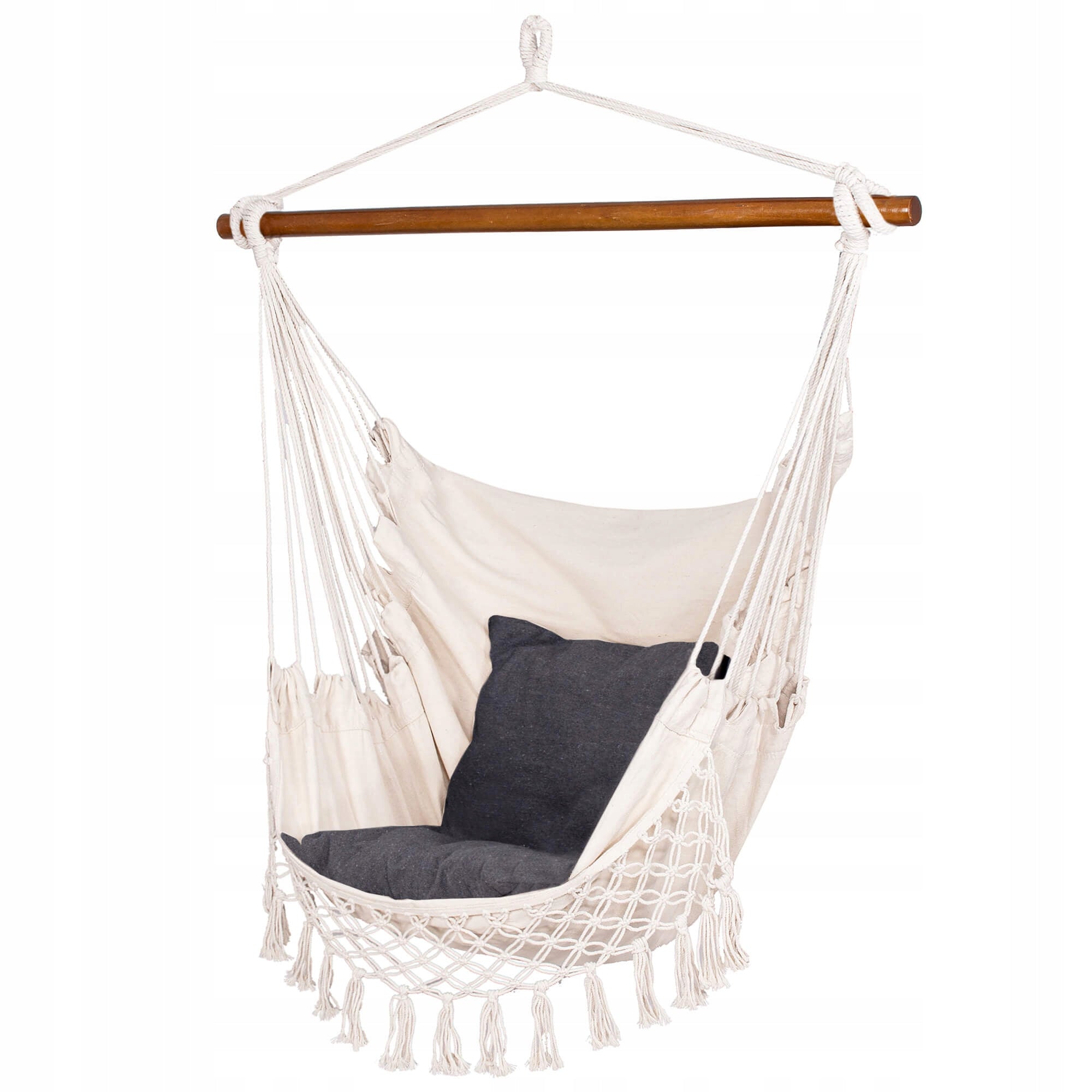 Hamac tip leagan suspendat pentru casa sau gradina HM19, gri deschis cu perne, 130x100cm, 150kg