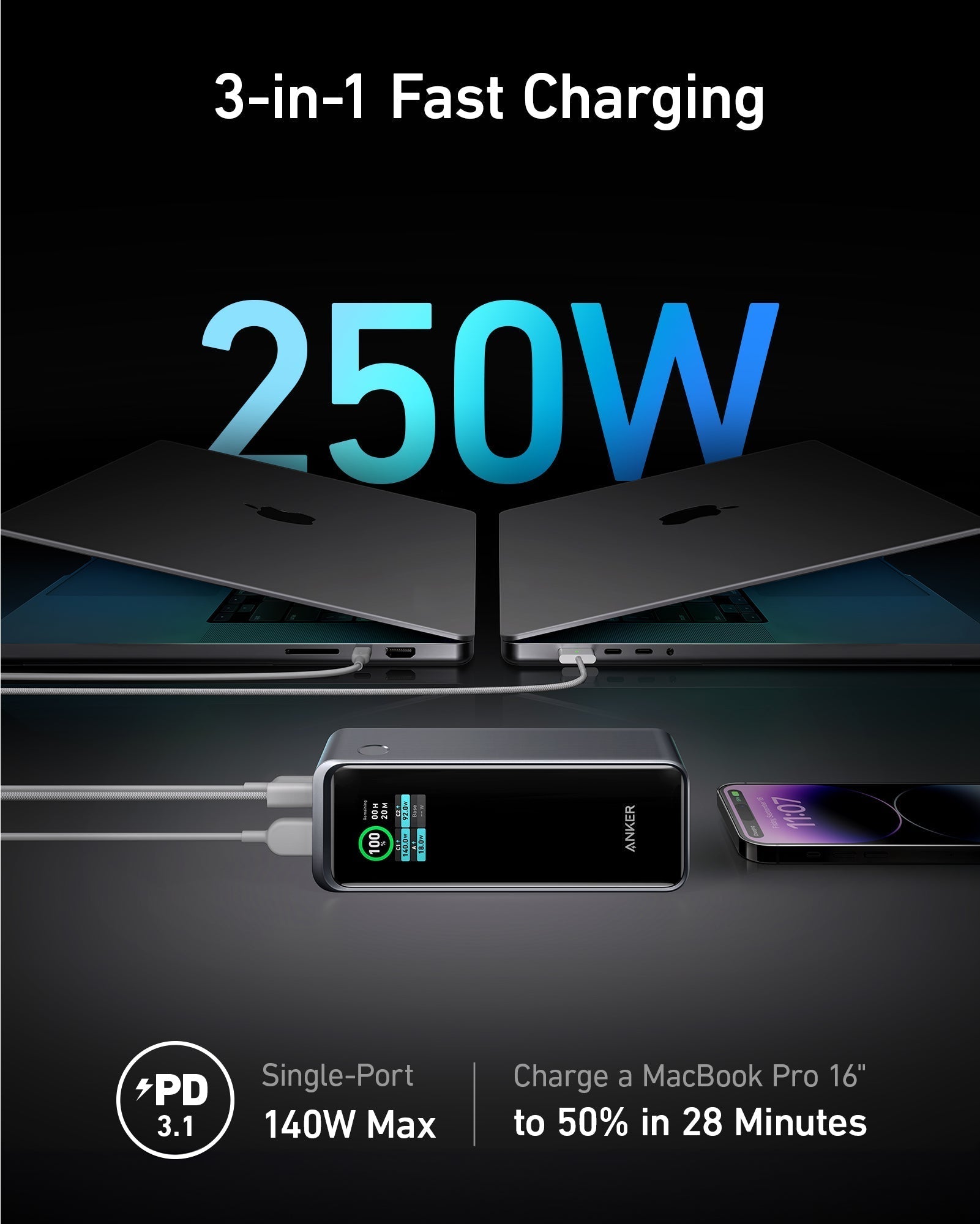 POWER BANK Anker "Prime" 20000mAh, 200W , 1 x USB, 2 x USB Type-C, display digital, 12V/5A, negru, "A1336011" - 194644130893