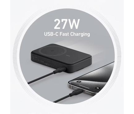 POWER BANK Anker "MagGo" 10.000 mAh, 27W Qi 2.0 15W, suport pliabil, compatibil iPhone 15/14/13/12, 1 x USB-C, afisaj inteligent, 389 g, negru, "A1654G11" - 194644173388