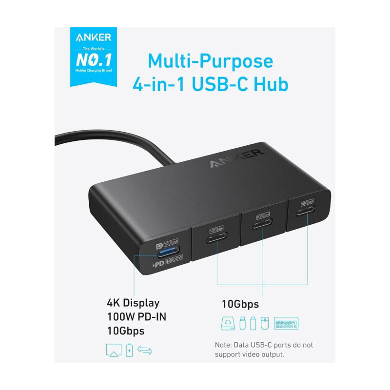 HUB Anker, 4-in-1, USB-C x 4 porturi, incarcare prin USB Type-C, viteza 10 Gbps, conectare prin USB-C, 100W PD in, 85W PD out, gri, "A8340GA1" (timbru verde 0.18 lei - 0194644042202