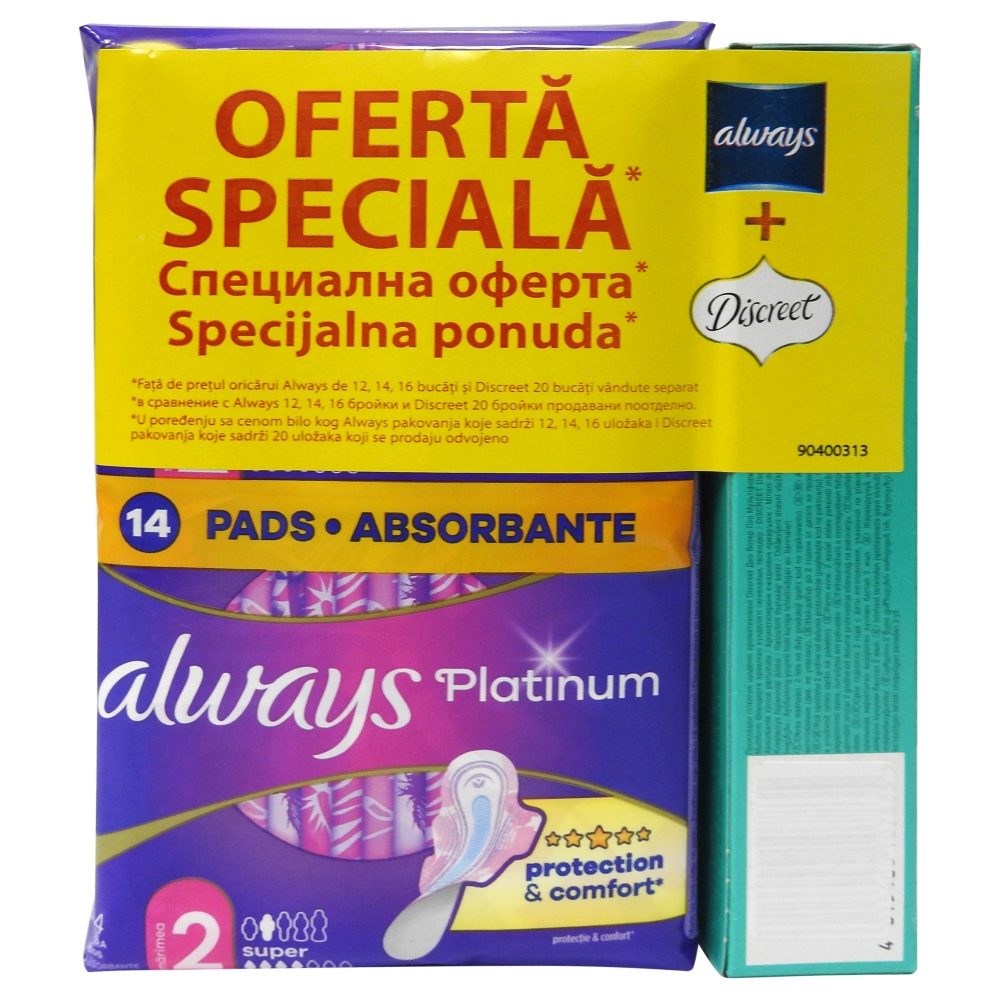 Absorbante, Always, 14 buc Platinum Super, Discreet Absorbante Zilnice 20 buc Deo Waterlily